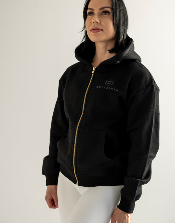 Unisex Gold Zipper Hoodie Deep Black