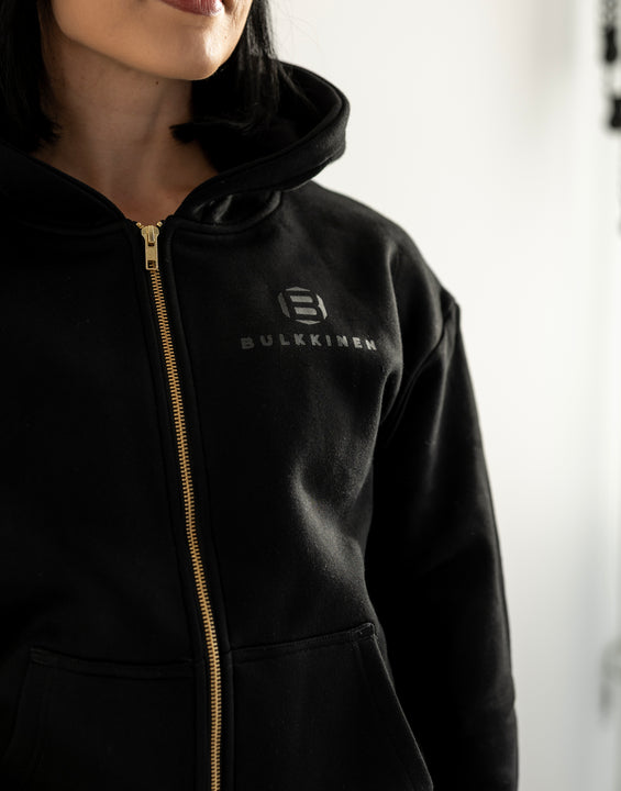 Unisex Gold Zipper Hoodie Deep Black