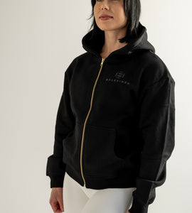 Unisex Gold Zipper Hoodie Deep Black
